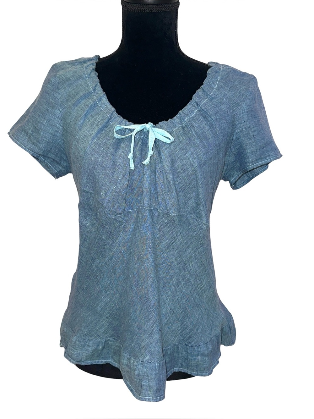 CP Shades Linen Blouse Size Small Blue On or Off Shoulder Ruffle Hem
